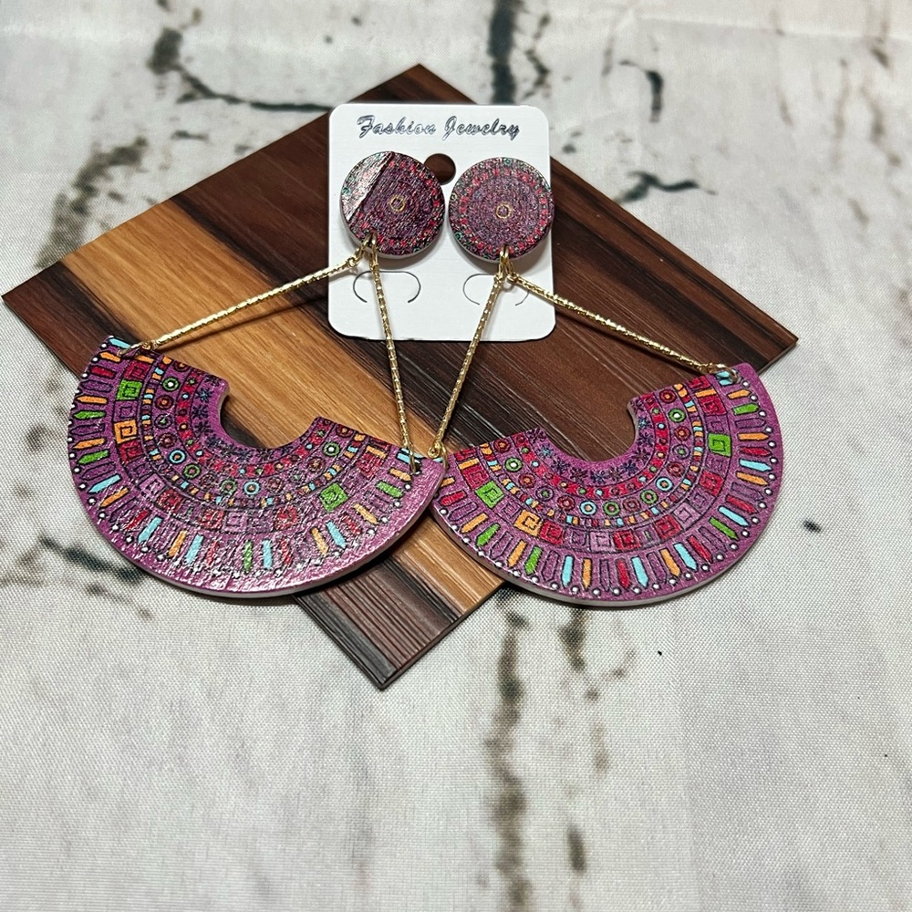 Wooden artisan made Colorful Geometric Earrings purple tones festival